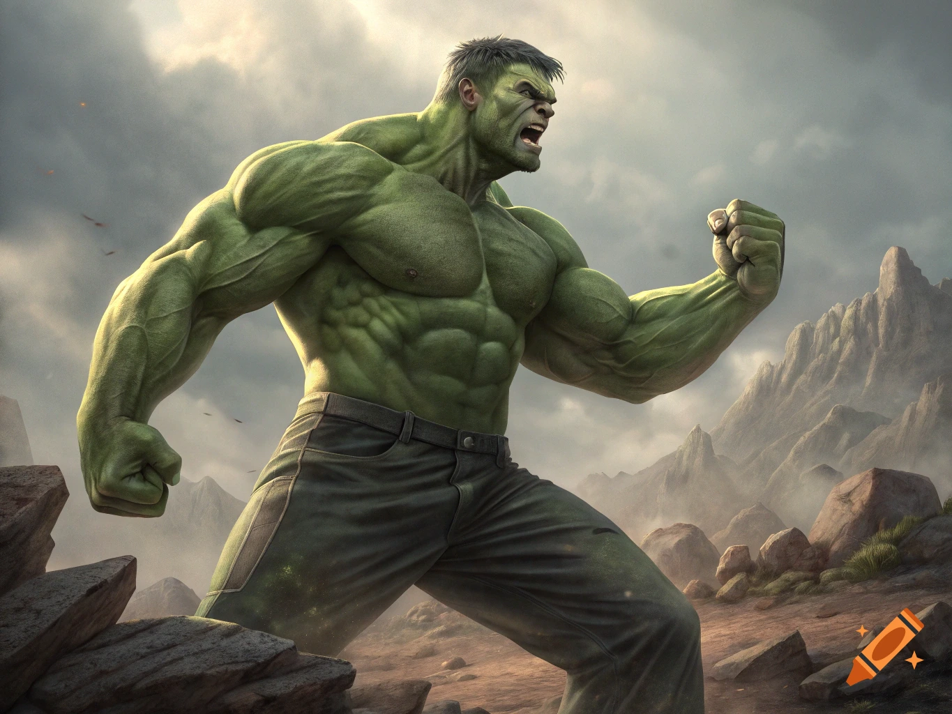 Muscular green superhero character resembling the Hulk stands in a rocky landscape, yelling and flexing.