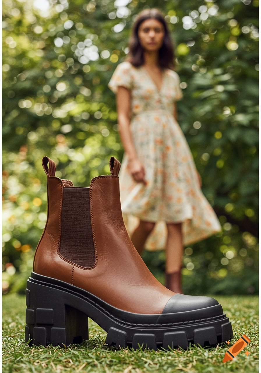 Close-up of a brown combat boot with a person in a floral dress blurred in the background