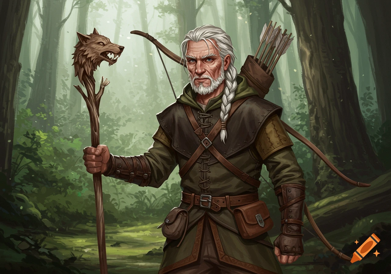 Painting of an old man fantasy ranger with a wolf-head staff in a forest.