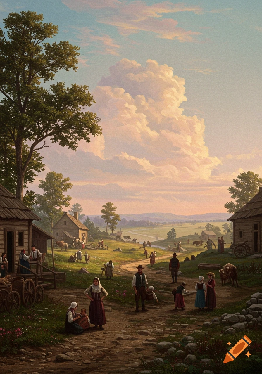 A detailed painting of a busy rural village scene with many people, animals, houses, fields, and a river under a dramatic cloudy sky at sunset.