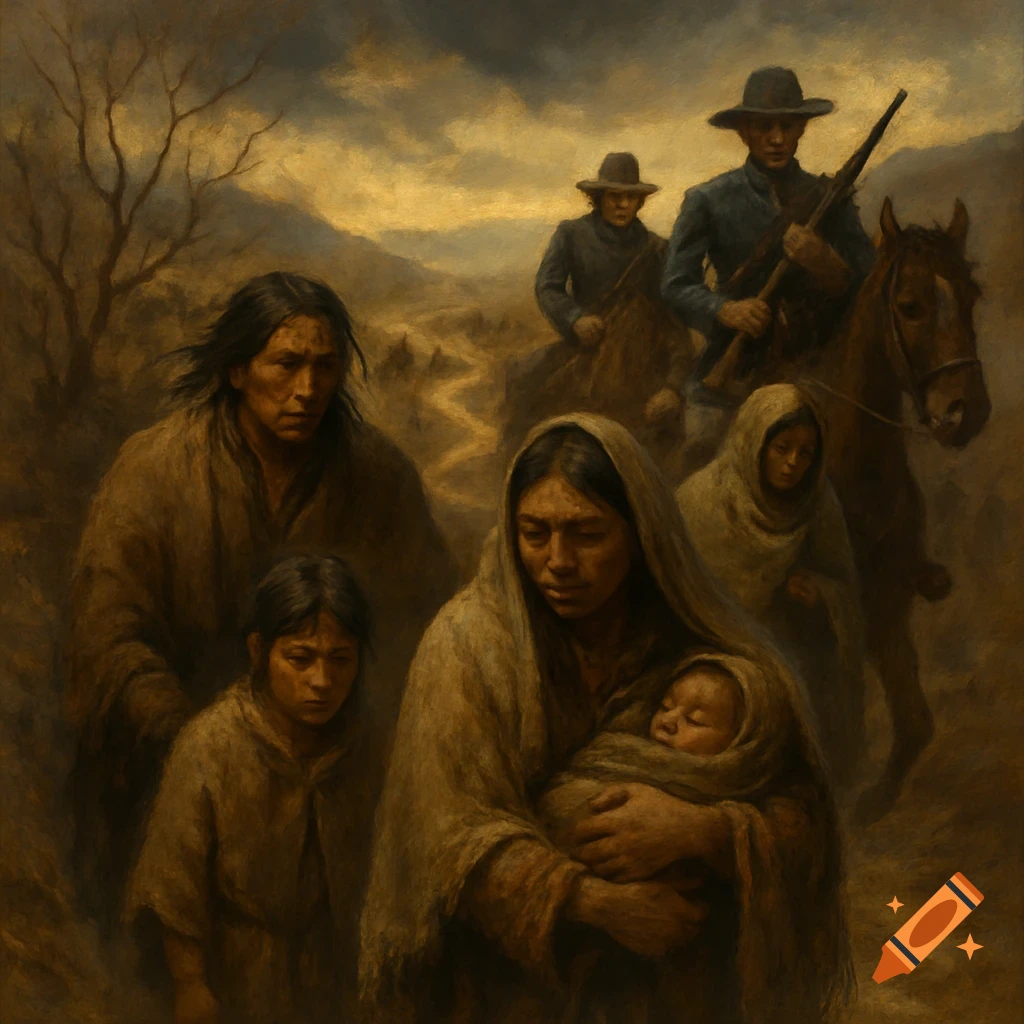 A family walks on a path with riders on horseback behind them, in a desolate landscape under a cloudy sky.