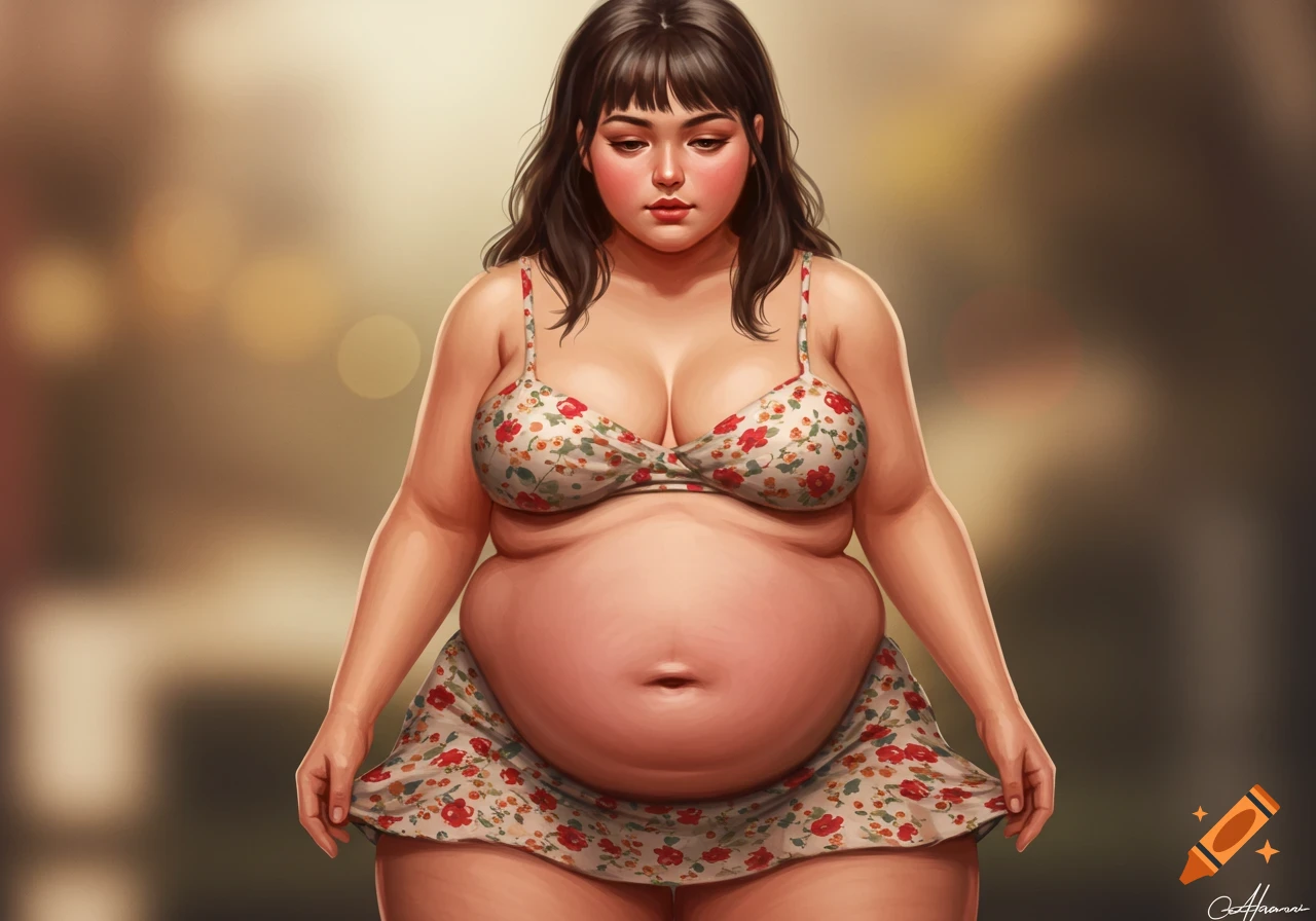 A plus-size woman wearing a floral bra and skirt.