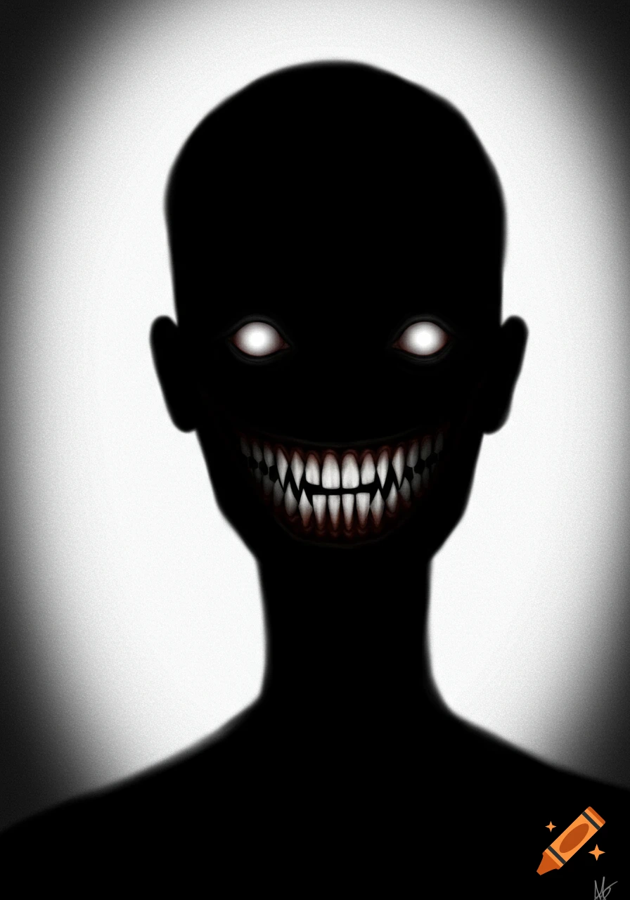 A dark silhouette figure with glowing white eyes and a wide, sharp-toothed smile.