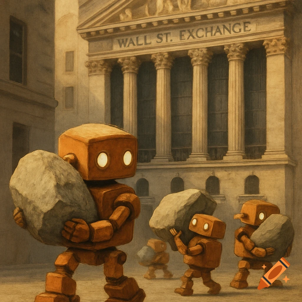 Boxy robots carry large stones in front of the Wall Street Exchange building.