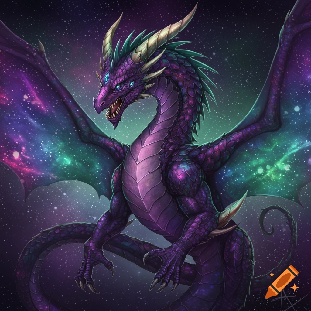A majestic purple dragon with glowing blue eyes and cosmic wings stands against a starry background.
