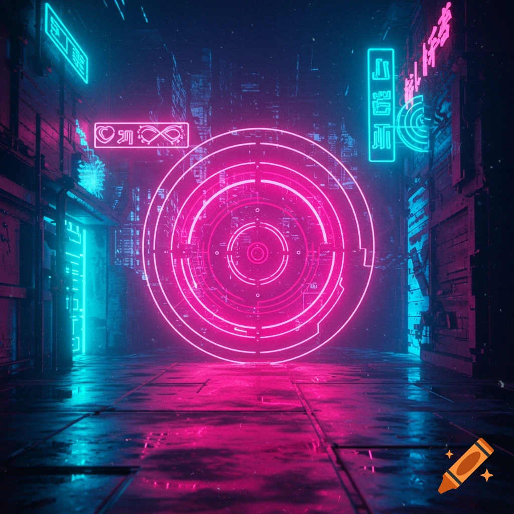 Neon pink target in a dark cyberpunk alley with glowing blue and pink signs.
