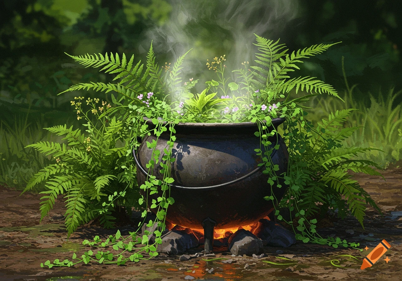 A black cauldron filled with ferns and vines steaming over glowing coals in a forest clearing.