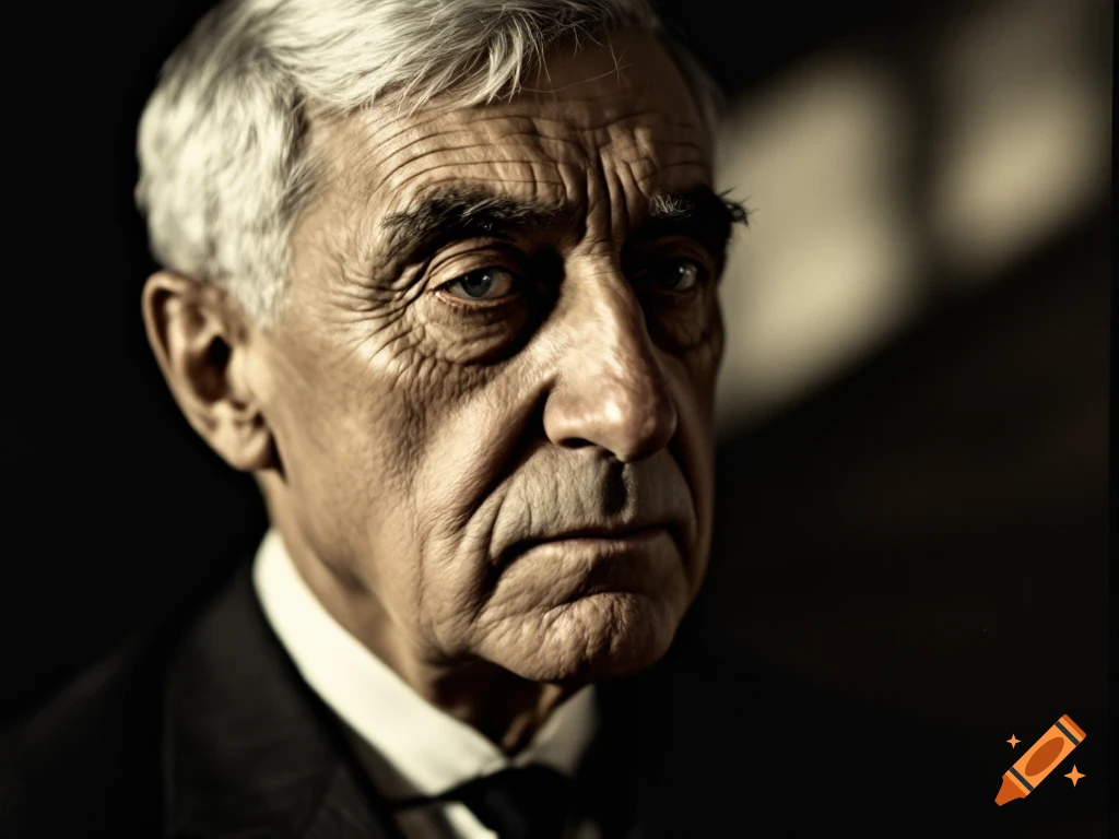Close-up photorealistic portrait of an elderly man with grey hair and wrinkled face wearing a suit and bow tie.