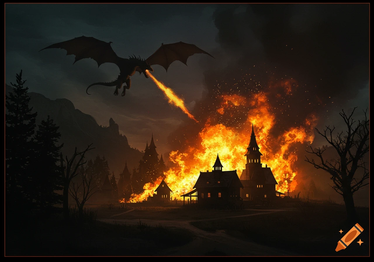 A silhouette dragon breathing fire on a burning village at night.