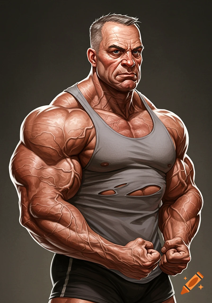 Illustration of an extremely muscular man in a gray tank top