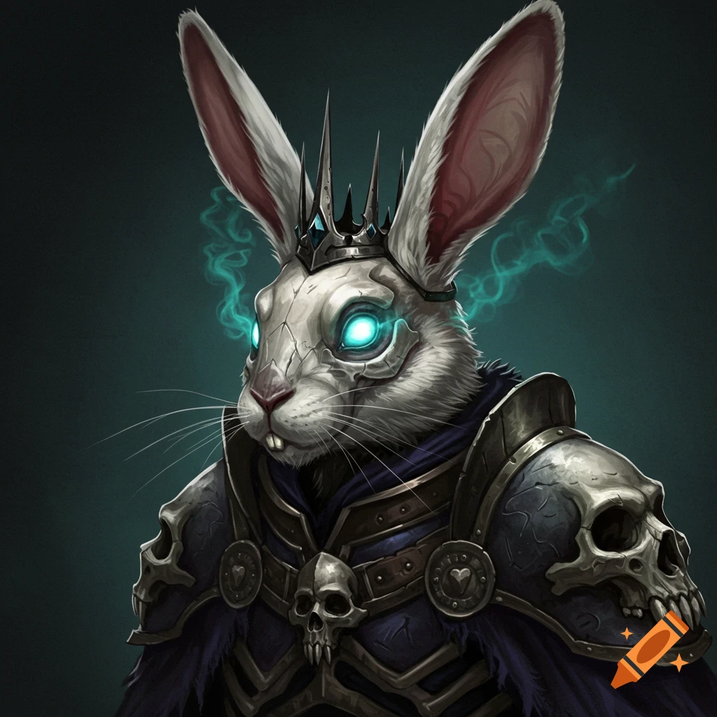 A skeletal rabbit wearing dark fantasy armor and crown, with glowing blue eyes and smoke