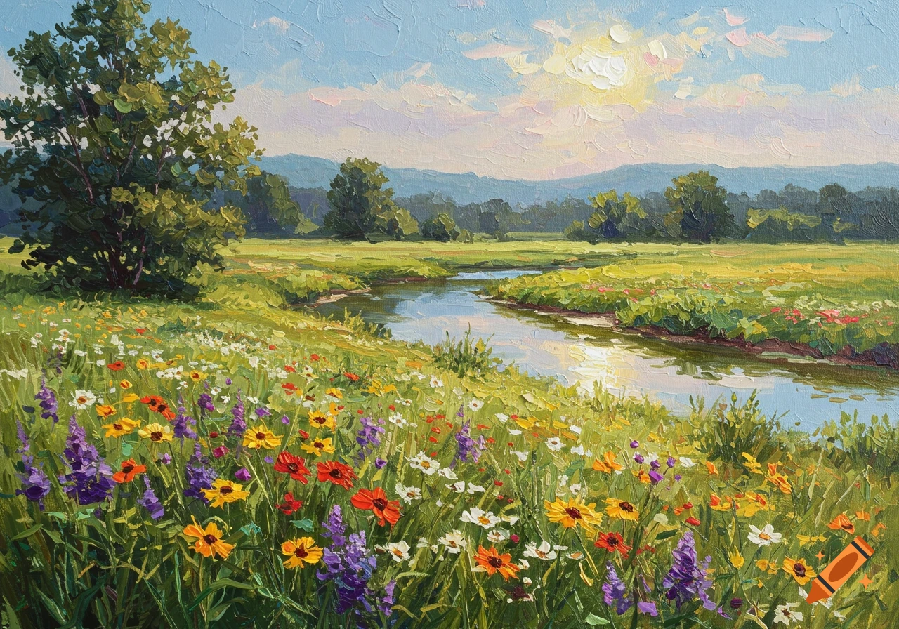 Colorful oil painting of a field of wildflowers next to a stream with trees and mountains in the background.