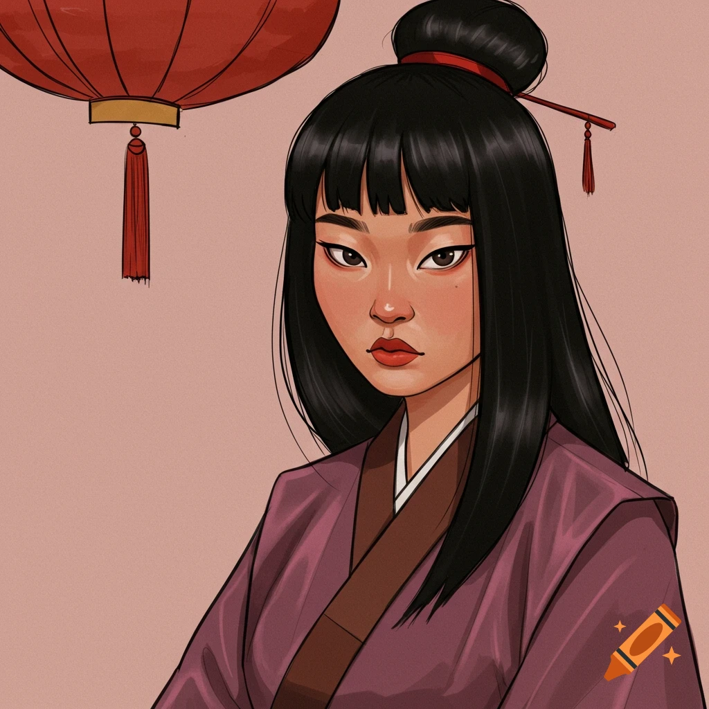 Portrait of an Asian woman in traditional clothing with a lantern.