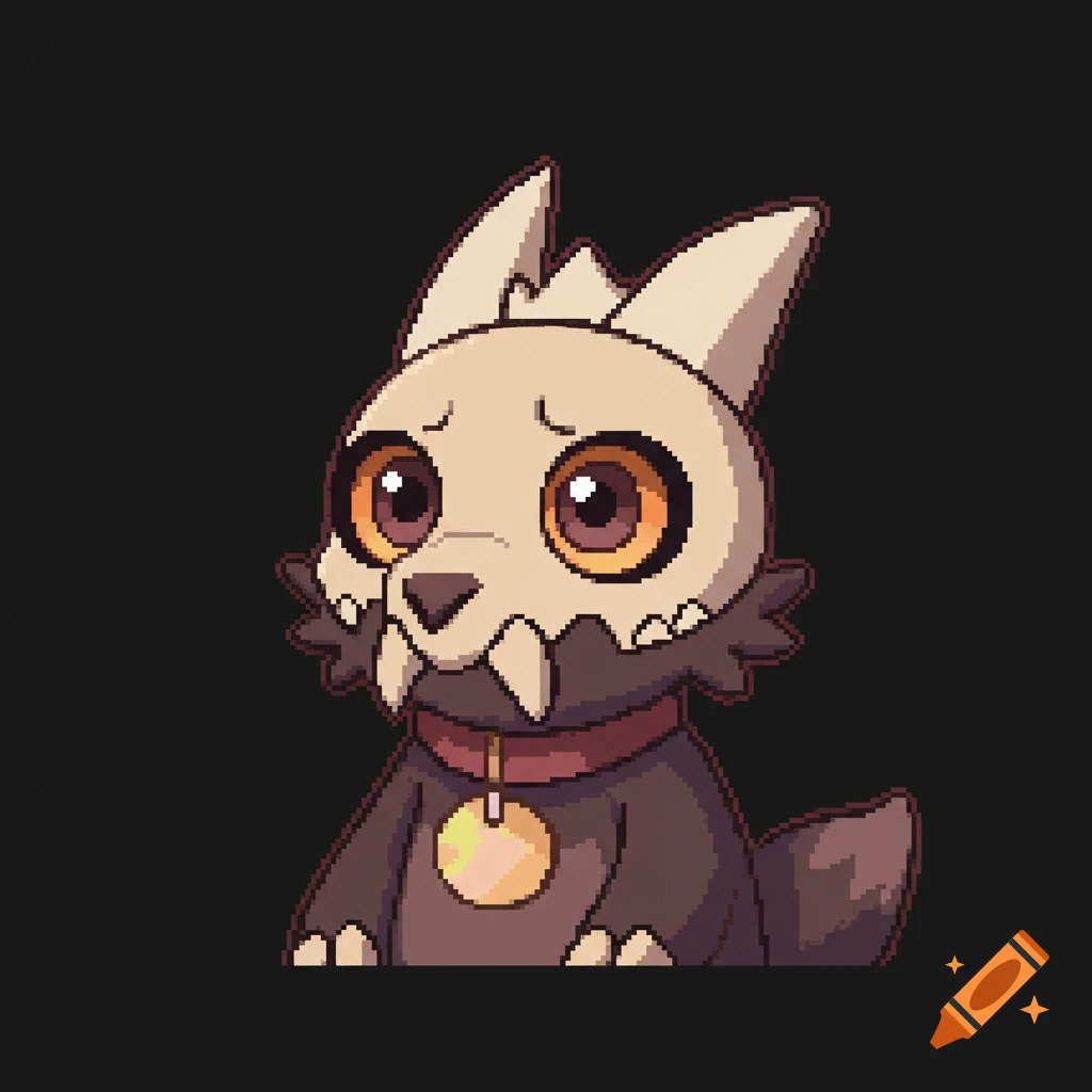 Pixel art portrait of a small creature with a skull mask