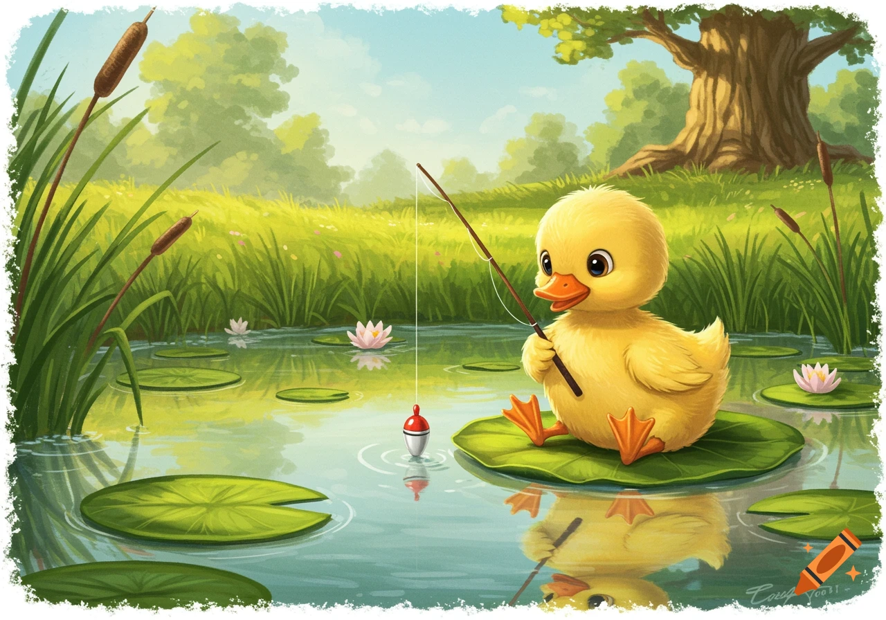 Cute illustrated baby duck fishing on a lily pad in a pond.