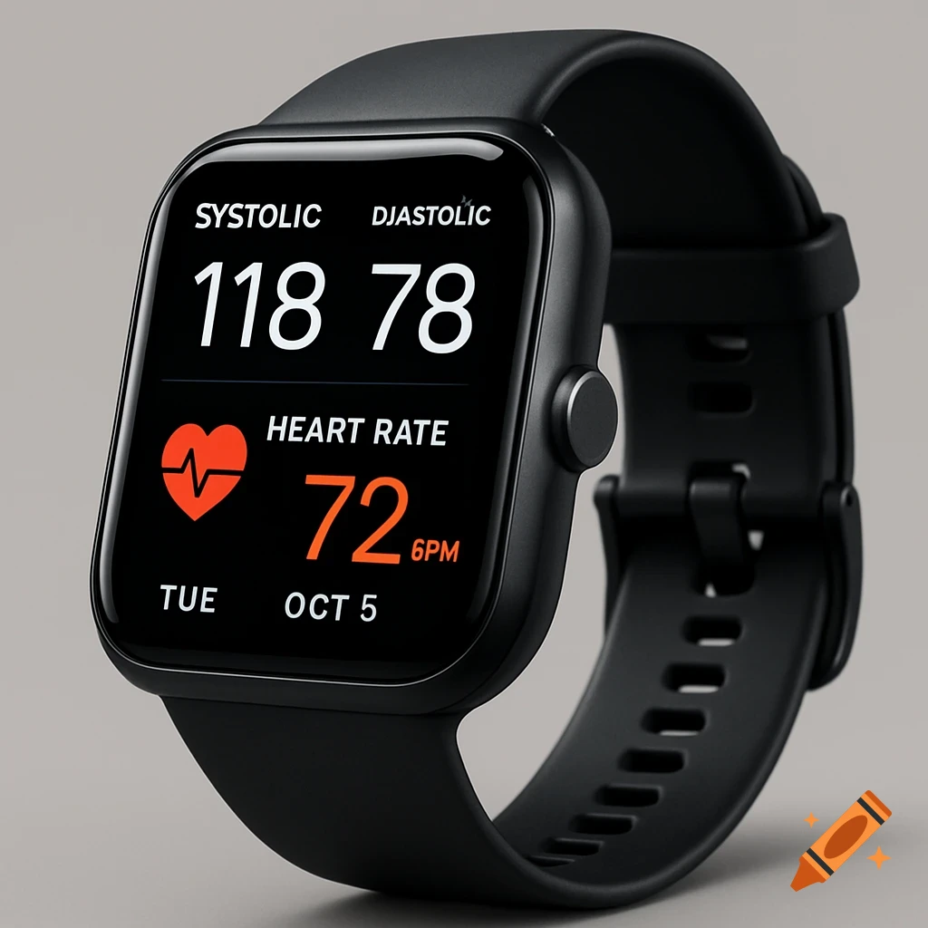 Close-up of a black smartwatch face displaying blood pressure, heart rate, date, and time.