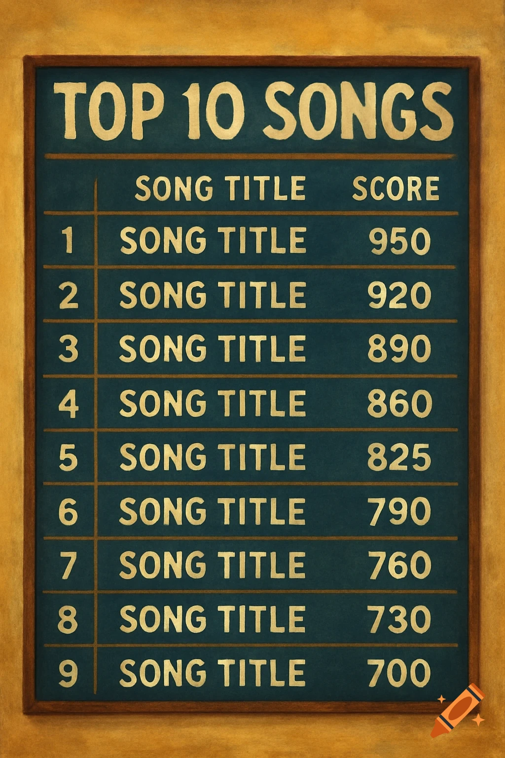 A Top 10 score chart for songs displayed on a blue board with gold text and numbers, framed in wood.