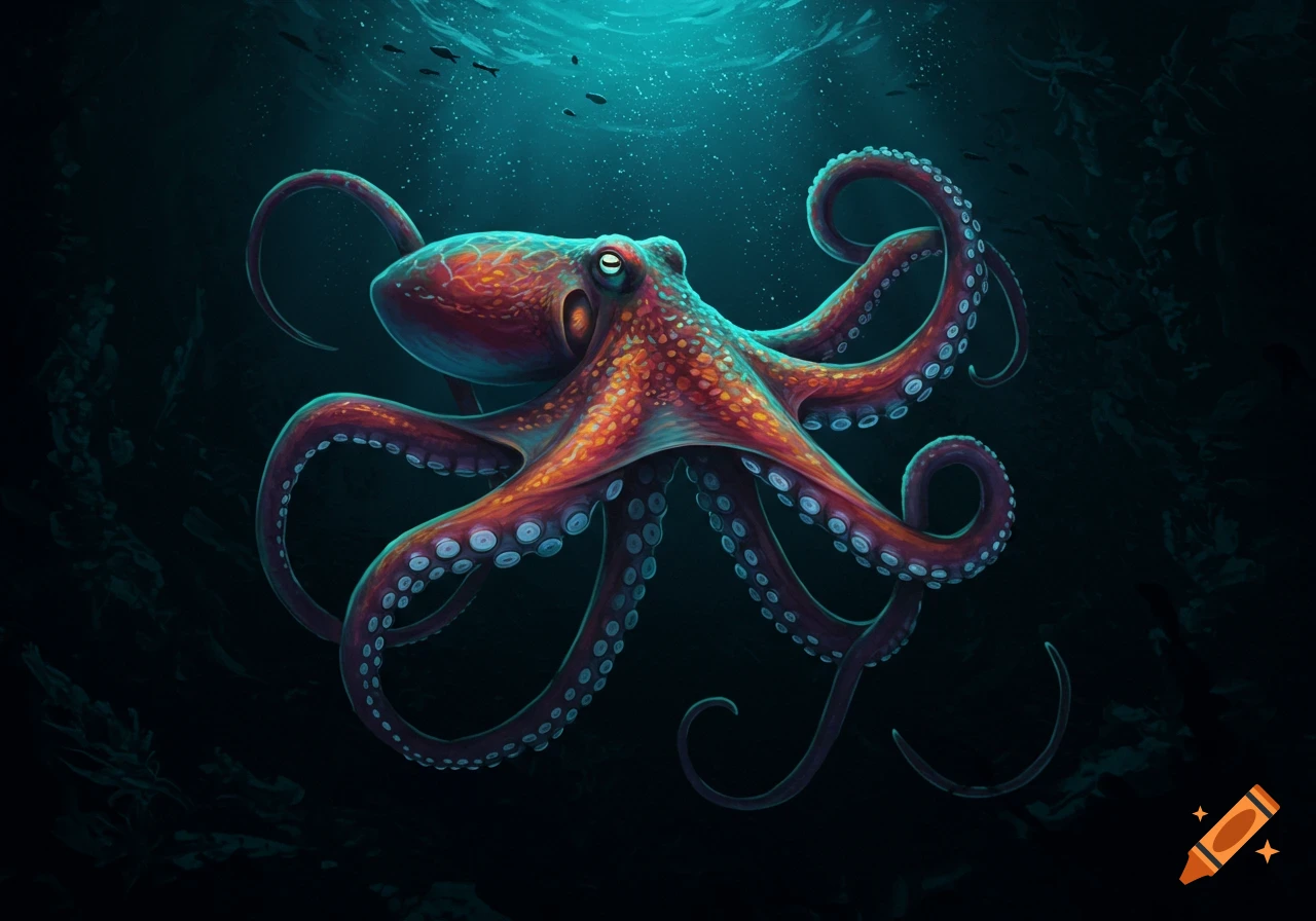 Illustration of a vibrant red and blue octopus in a dark underwater abyss