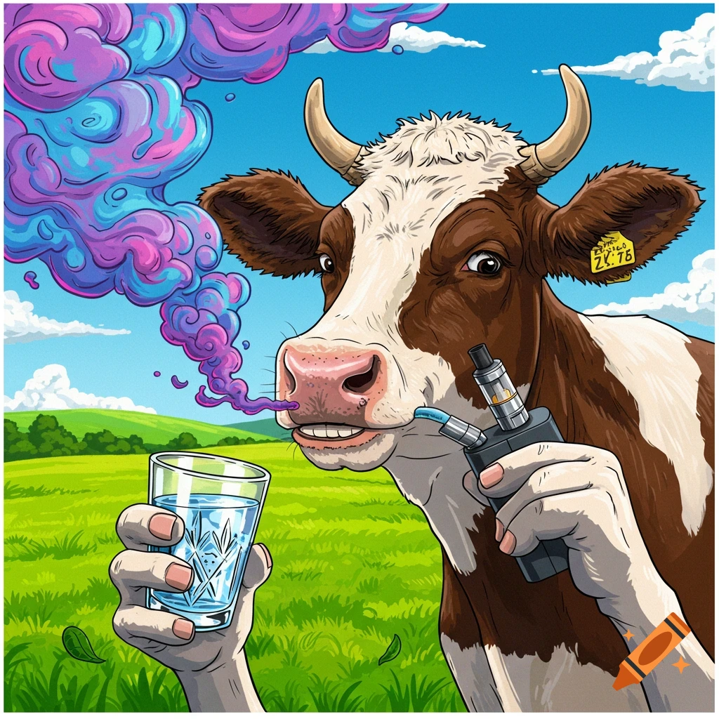 A cow in a field holding a vape and a glass of water, exhaling colorful vapor.