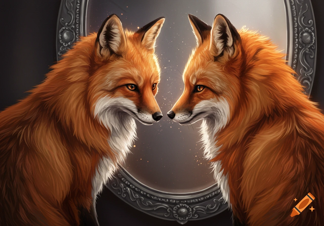 Two stylized foxes face each other with a decorative mirror frame between them.
