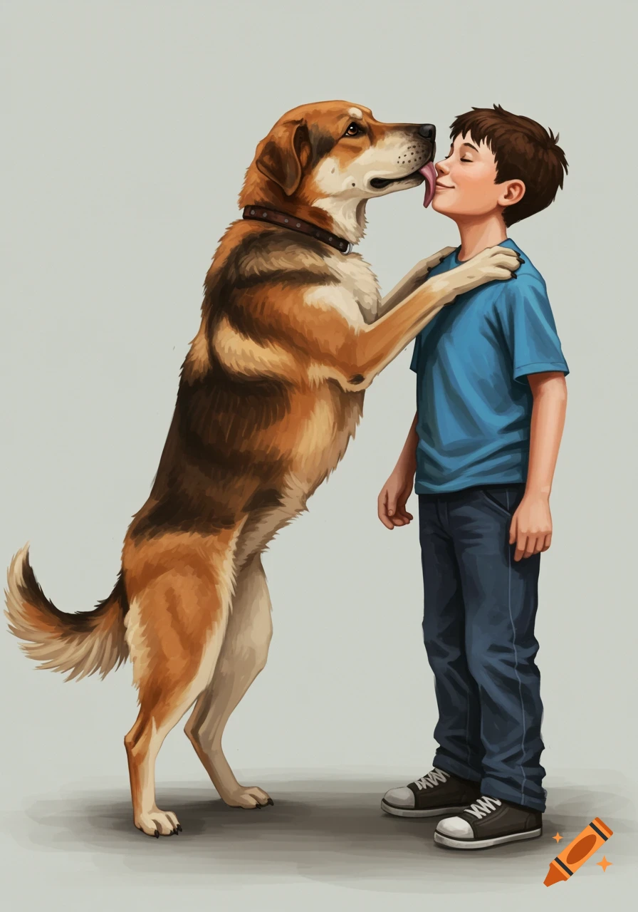 An illustration of a large dog standing up and licking a boy's face.