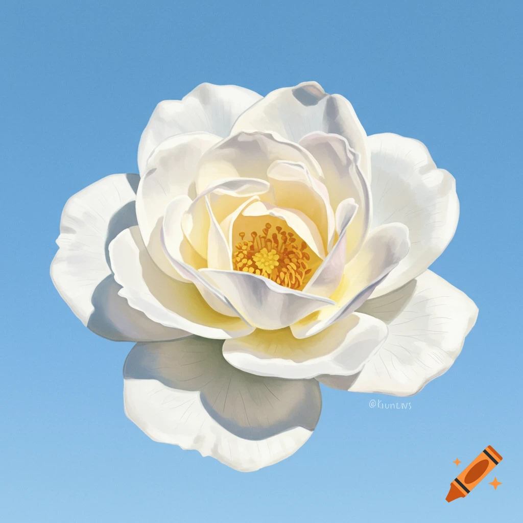 A white rose floats against a clear blue sky.