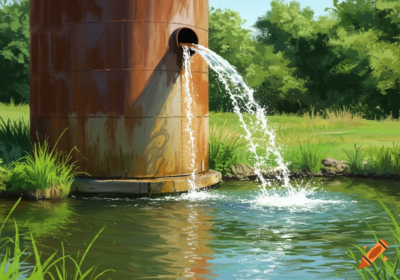 A rusty silo pours water into a pond surrounded by grass and trees.