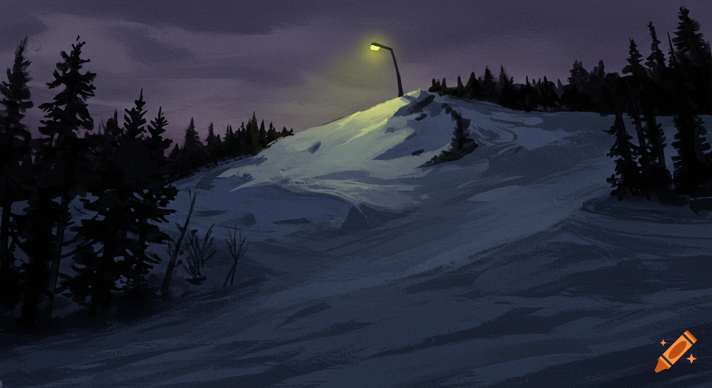 Snowy ski slope at night with a lamppost