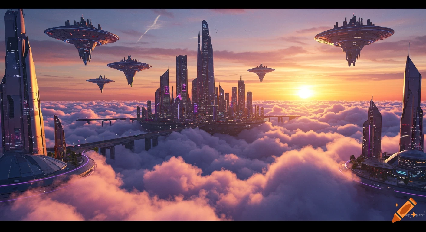 A futuristic city with tall spires and floating platforms resting on clouds during sunset.