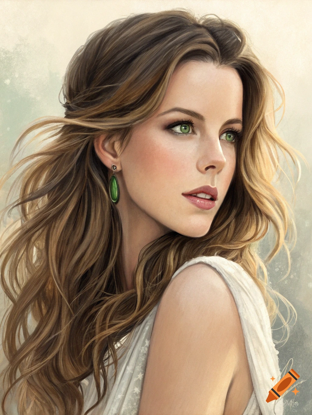 A young woman with long brown hair and green eyes, wearing a green earring.