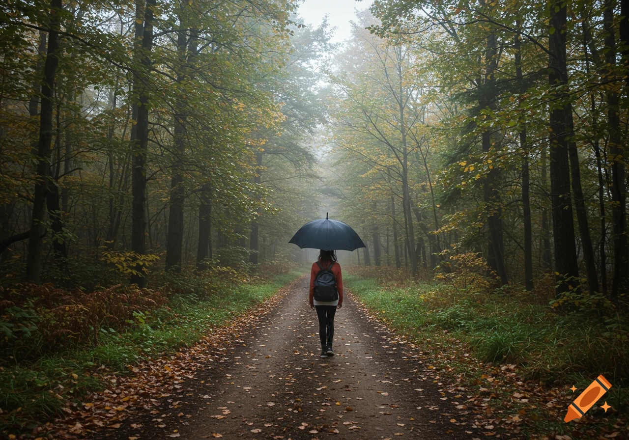 A person with an umbrella walks down a leaf-covered dirt path in a foggy forest.