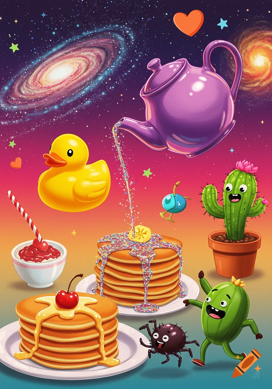 Whimsical illustration of cartoon characters, rubber duck, teapot, pancakes, and cacti in space.