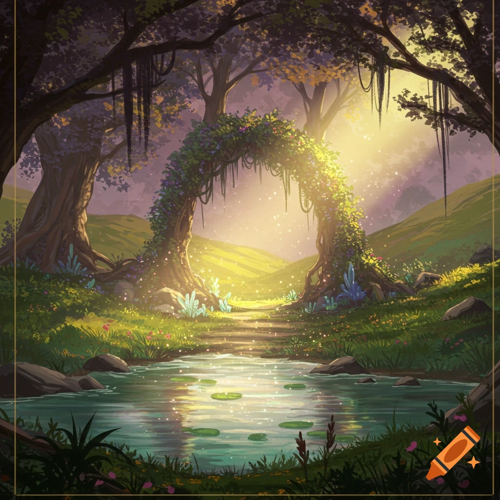A fantasy forest path leading to a glowing archway covered in vines, overlooking a serene lake with lily pads.