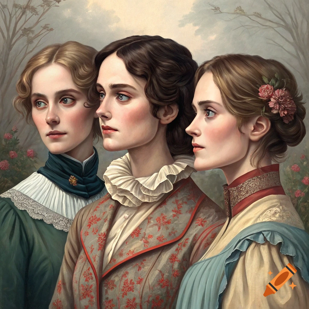 A painting of three women in period dresses with ruffled collars, looking left.