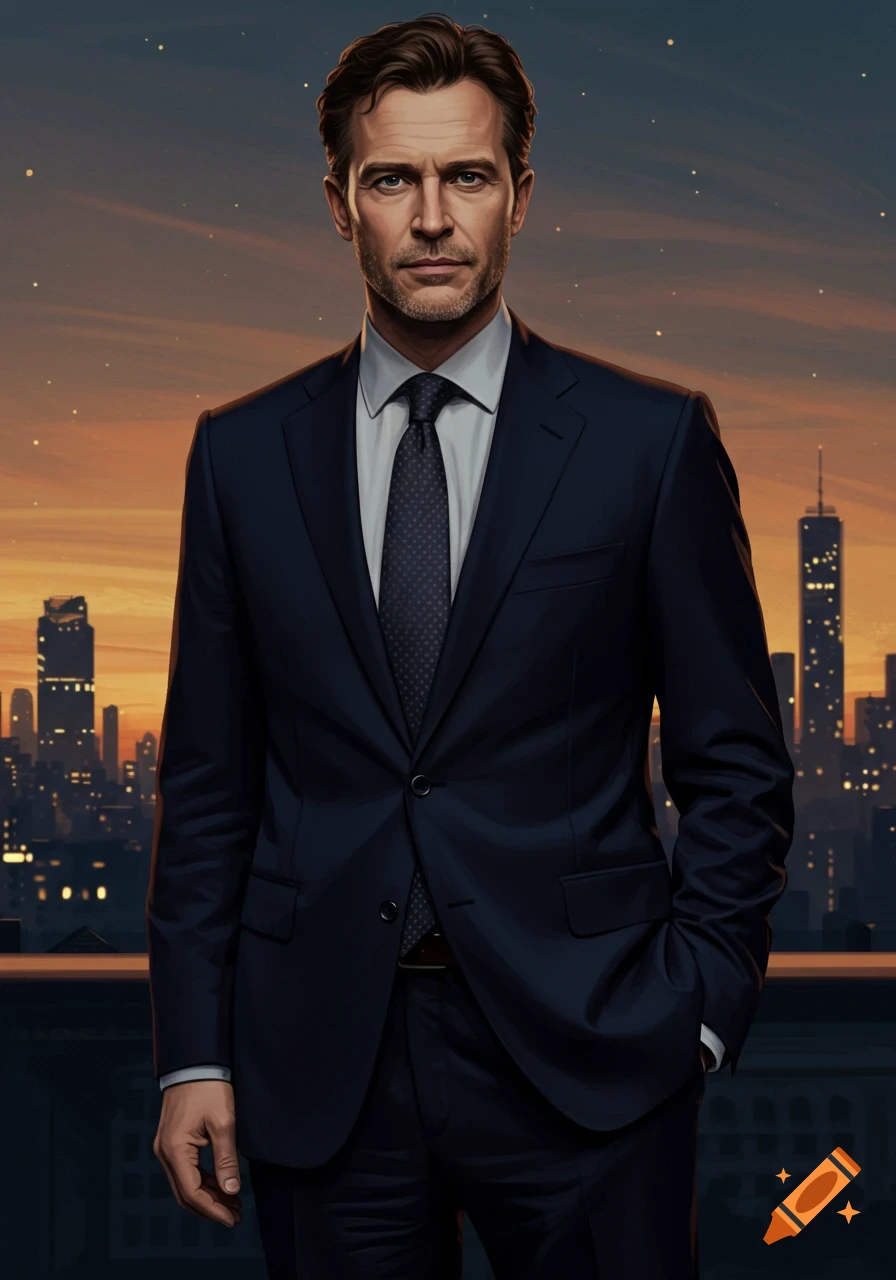 Man in a suit standing on a rooftop with a city skyline at sunset behind him