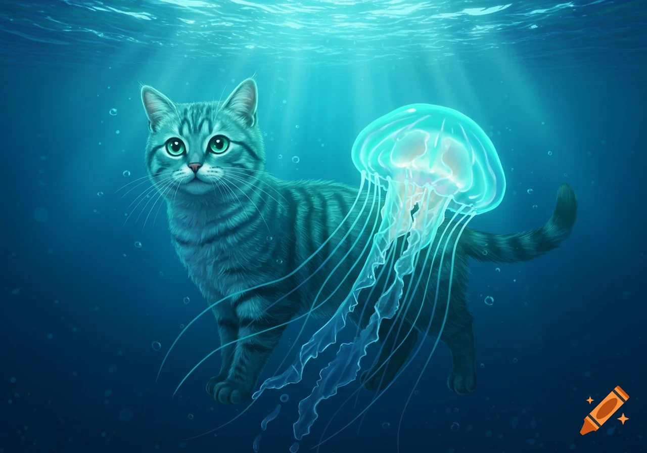 A tabby cat is swimming underwater next to a glowing blue jellyfish.