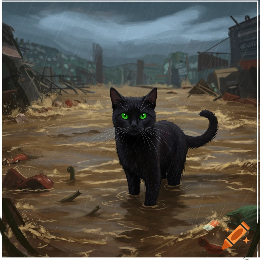 Illustration of a black cat with green eyes standing in muddy floodwater surrounded by wreckage under heavy rain.