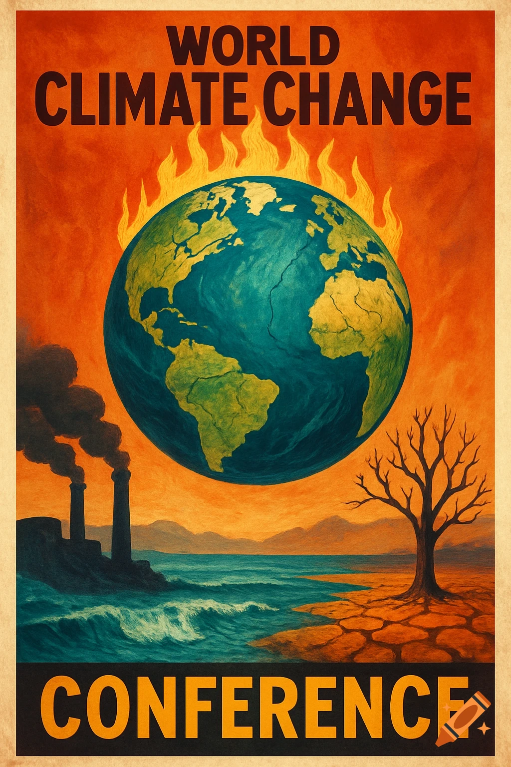 Political poster for a climate change conference shows Earth on fire, pollution, and a dead tree.