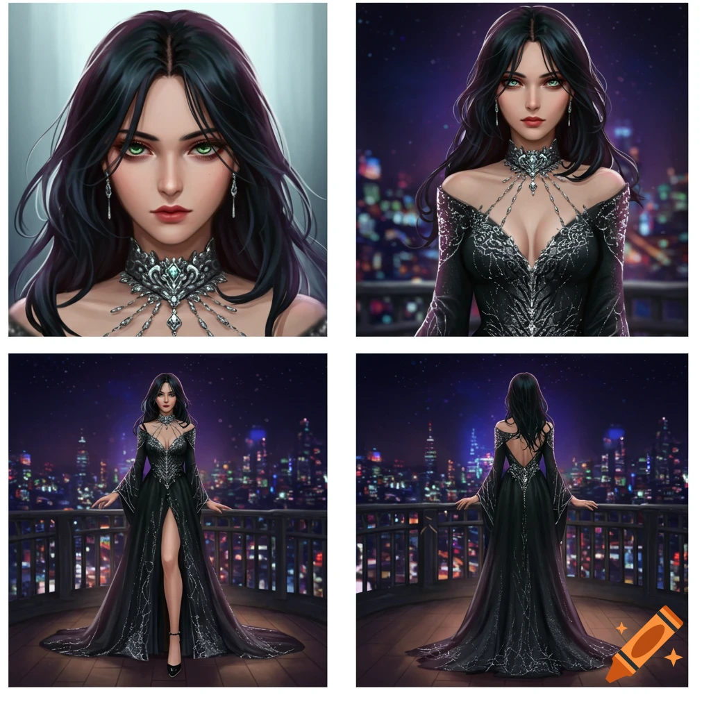Digital art of a fantasy character, a woman in an intricate black dress on a balcony overlooking a city at night, shown from four perspectives.