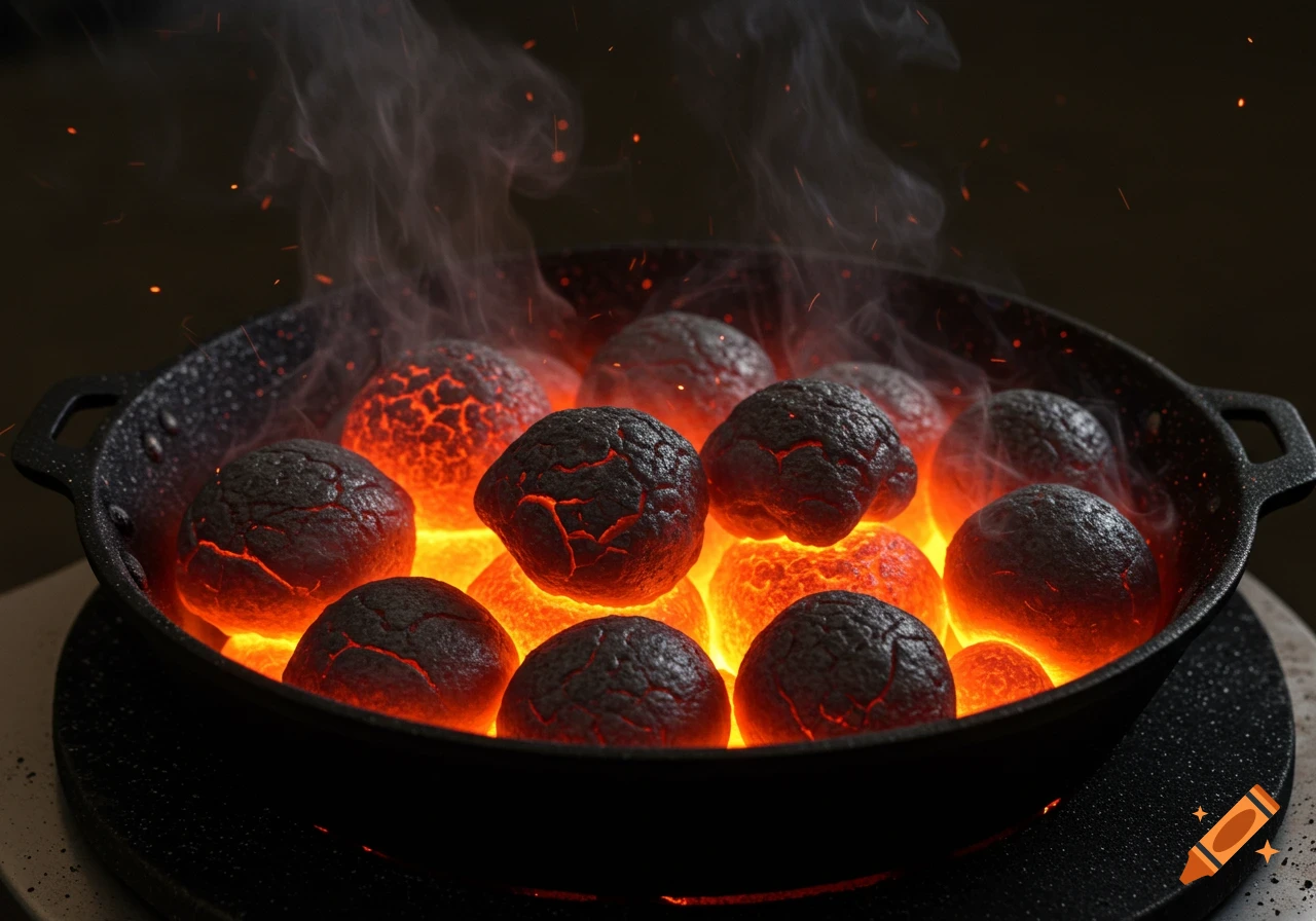 Smoking, glowing charcoal in a skillet
