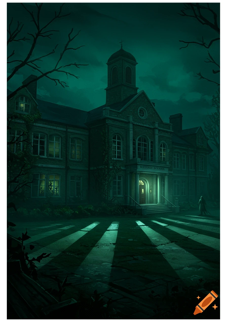 Creepy military school building at night with glowing windows and figure outside.