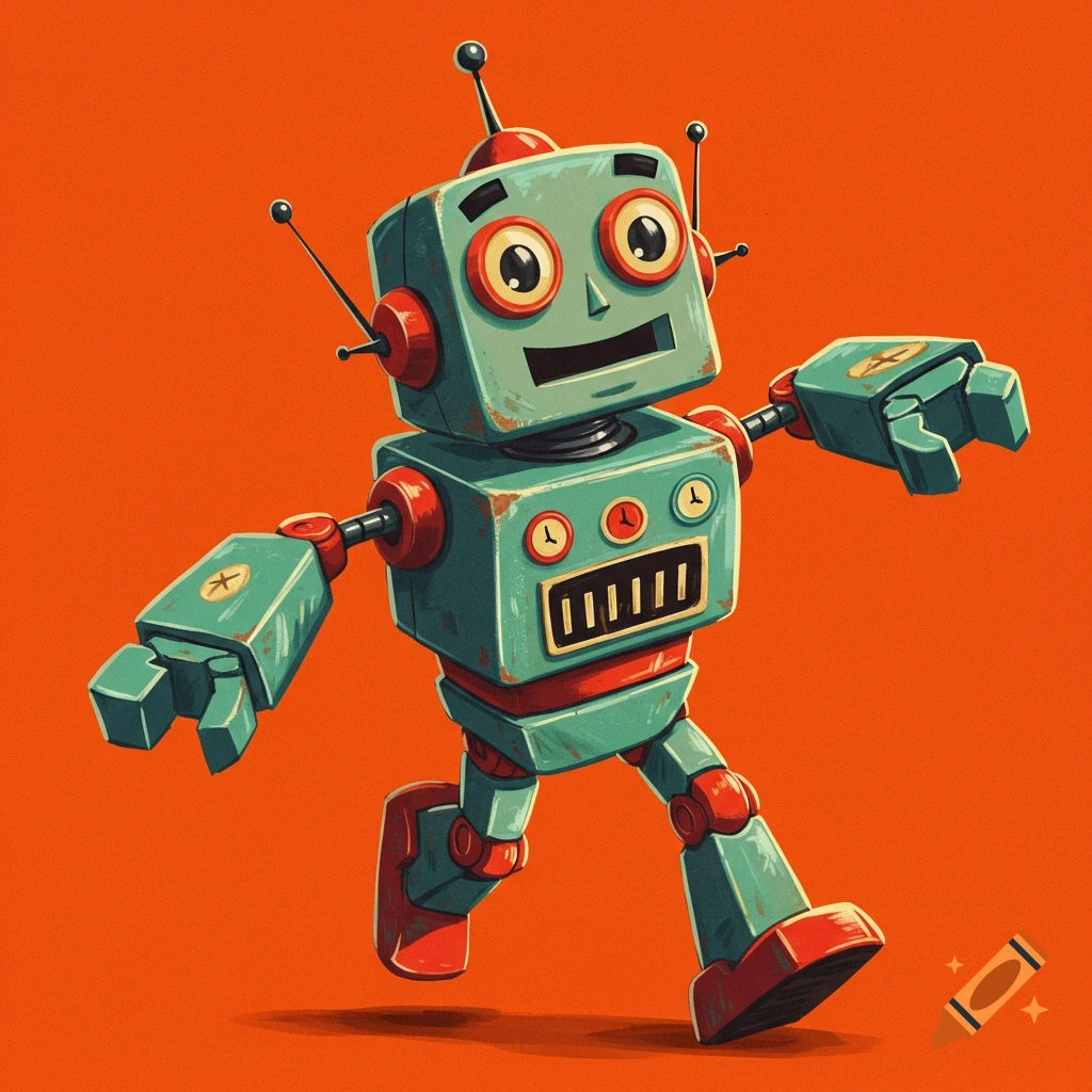A retro-style toy robot walks against an orange background.