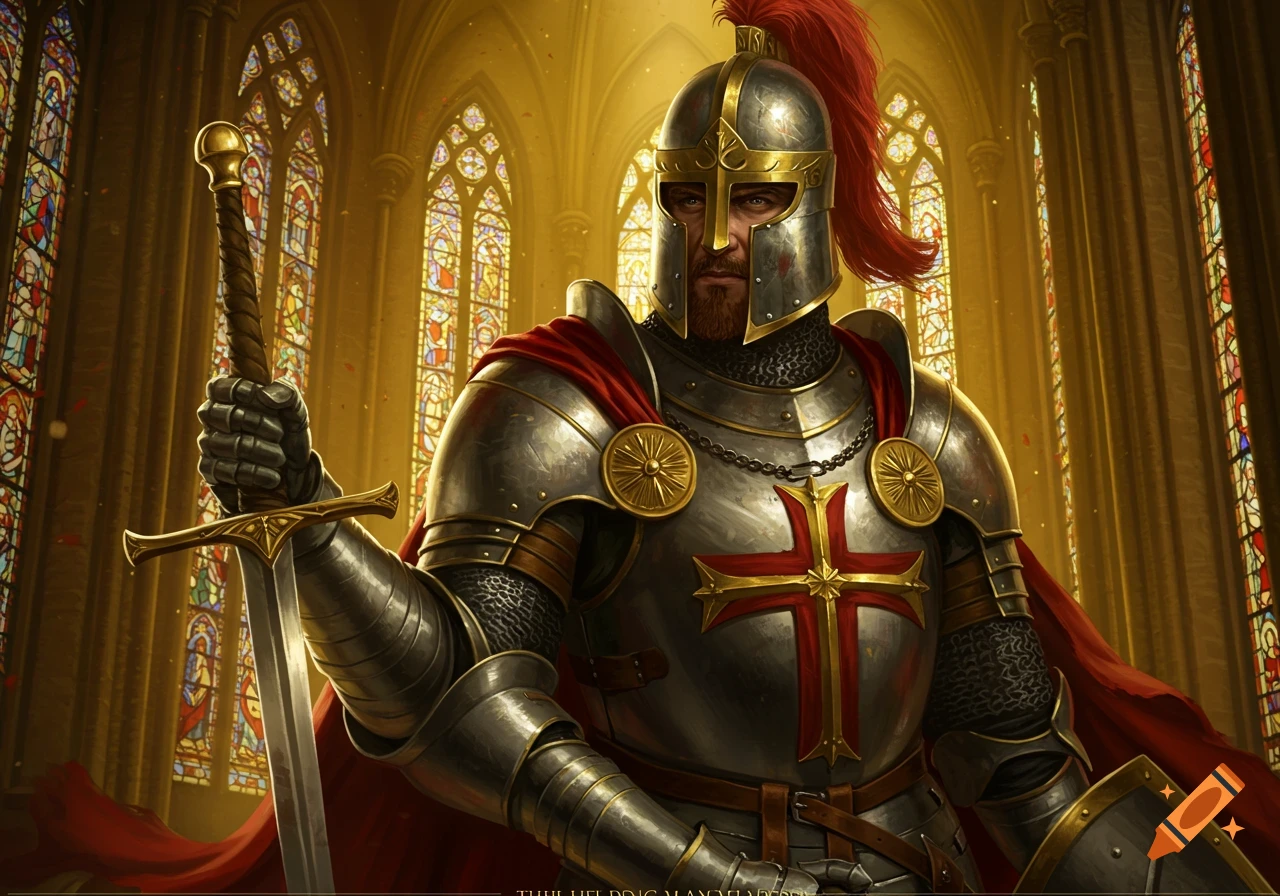 A knight in full armor with a red cape and sword stands in a church with stained glass windows.