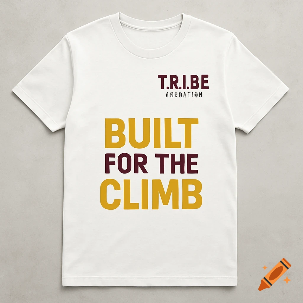 A white t-shirt with the text "T.R.I.B.E. Built for the Climb" in burgundy and gold.