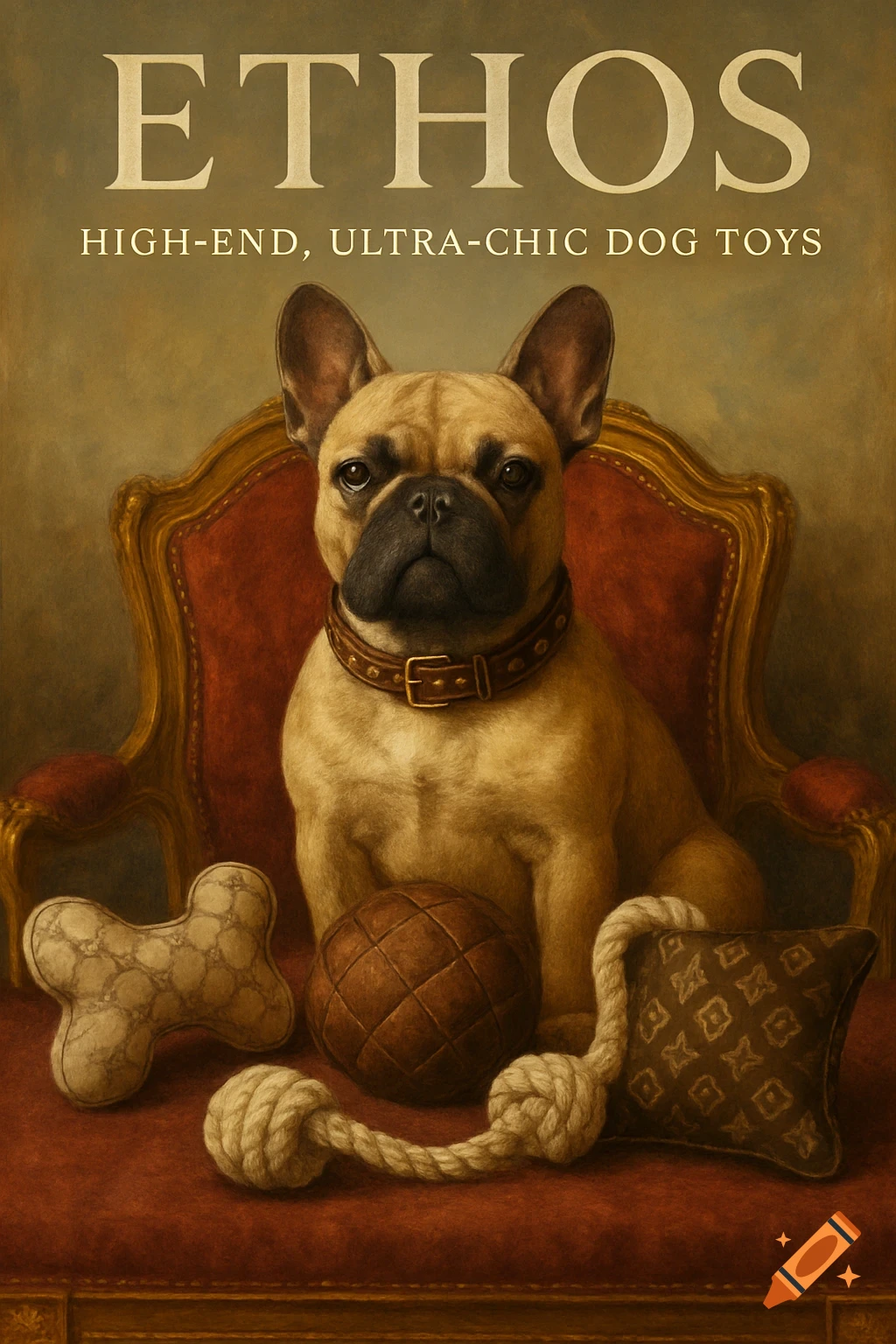 Vintage style ad painting of a French Bulldog sitting on a chair with dog toys, text ETHOS HIGH-END, ULTRA-CHIC DOG TOYS.
