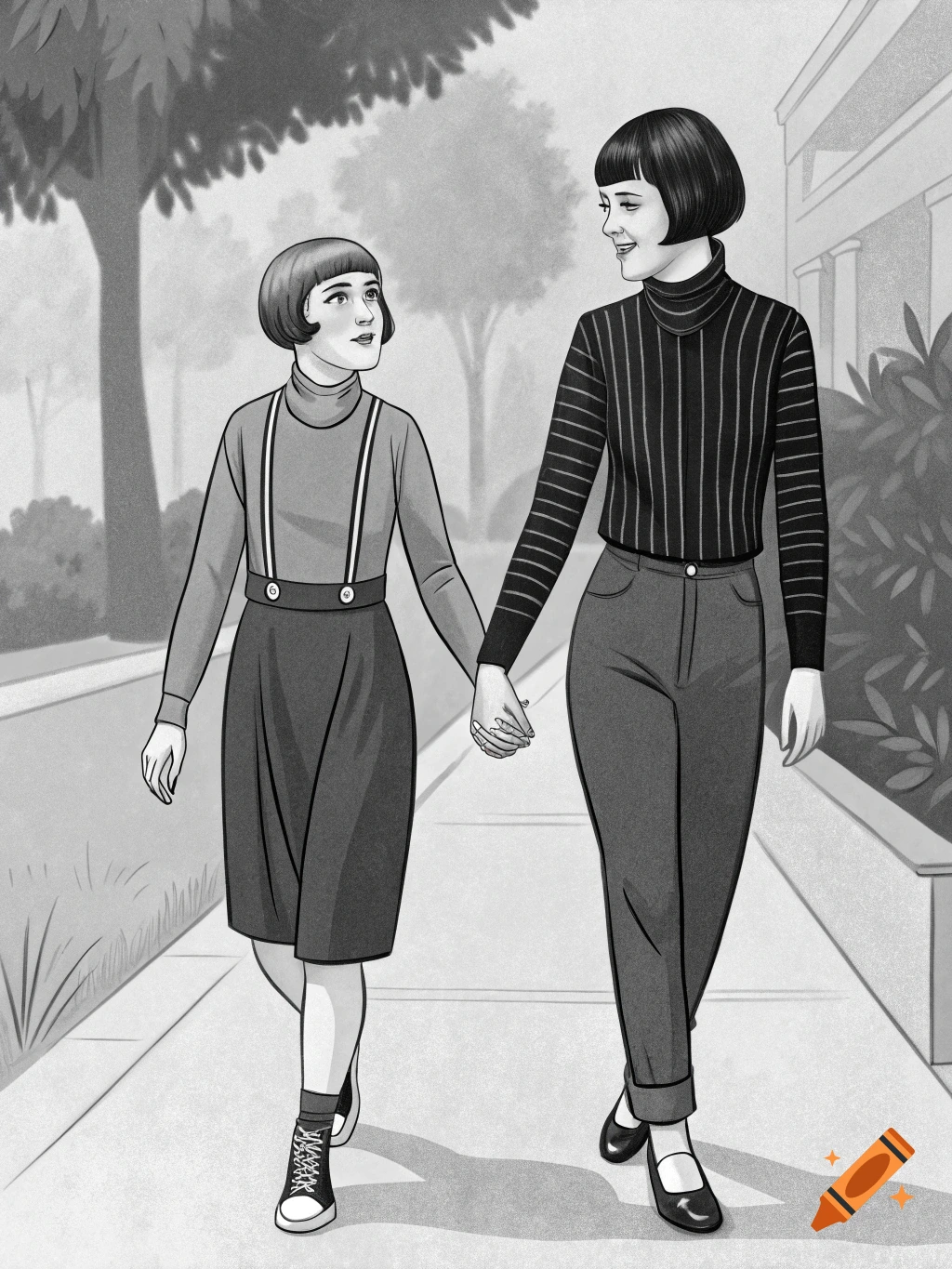 Black and white illustration of two women with short bobs holding hands and walking on a sidewalk.