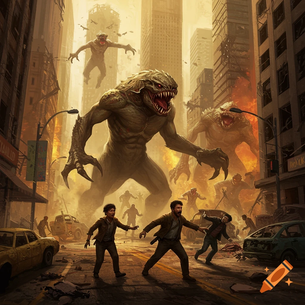 Digital painting of people running from large monsters in a ruined city street during an apocalypse.