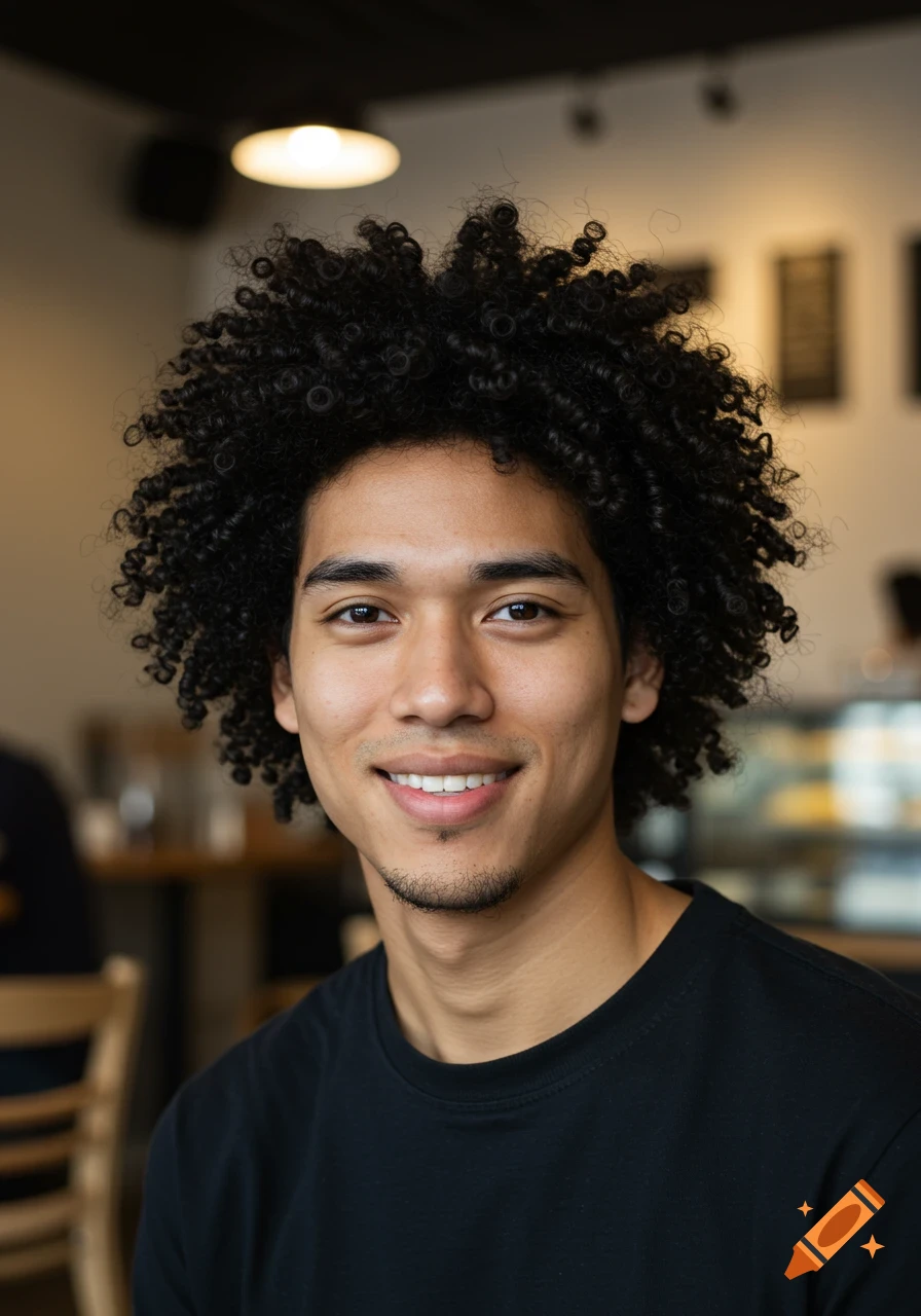 Photorealistic portrait of a young man with curly hair smiling in a coffee shop