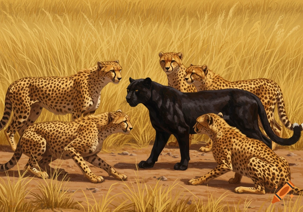 Cheetahs surround a black panther in tall grass.