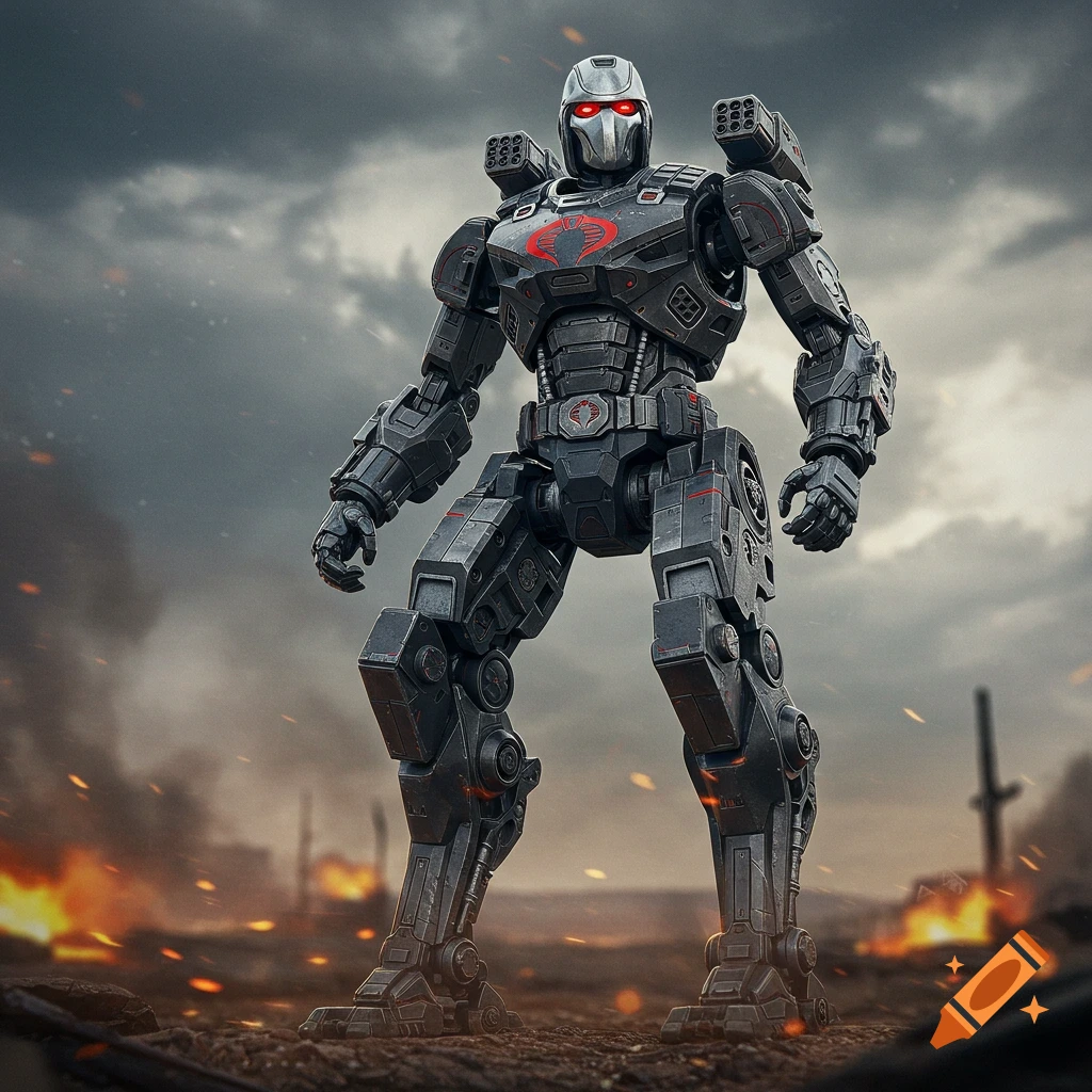 A dark grey robot with a silver mask and red eyes stands in a smoky, fiery battlefield.